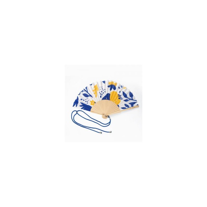 Éventail Fleurs Bleues et jaunes sur fond blanc